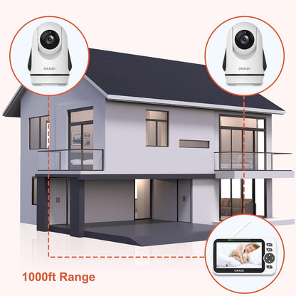 Video Baby Monitor with 2 Cameras, 5" Display Baby Monitor No WiFi, 30H Battery and 1000ft Range, Remote Pan-Tilt-Zoom Baby Camera, 2-Way Talk, 8 Lullabies, for Baby Pet Elderly