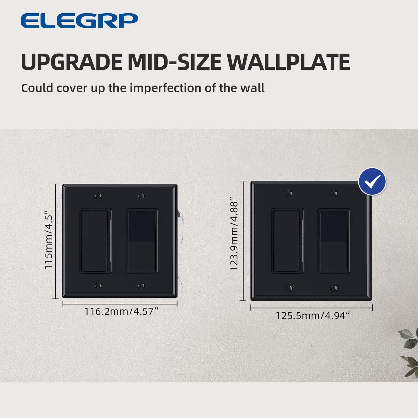 ELEGRP Glossy Black 2-Gang Decorative Wall Plates, Mid-Size 4.88" H x 4.94" L Unbreakable Thermoplastic Faceplate Cover for Decorator Receptacle Outlet Switch, UL Listed (5 Pack)