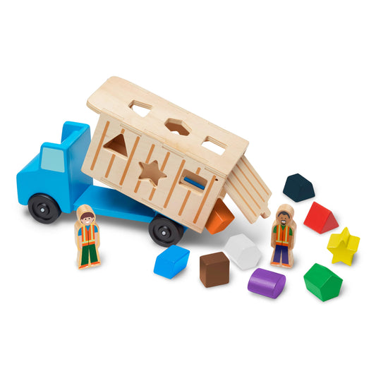 Melissa & Doug Shape-Sorting Dump Truck Wooden Toy with 9 Blocks and 2 Toy Figures - Montessori