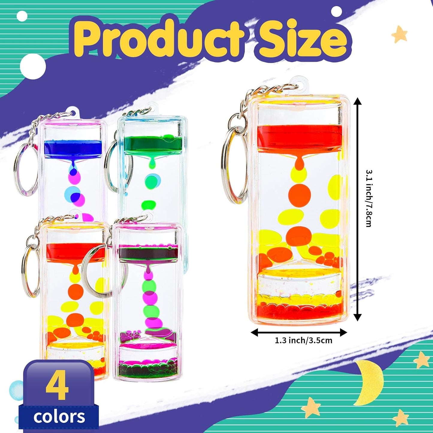 Liquid Motion Timer Key Chain - Sensory Bubbler Toy for Calming Fidget, Stress Relief - Water Bubble Desk Toy for Kids (1Box-4Pcs(Key Chain) Edition)