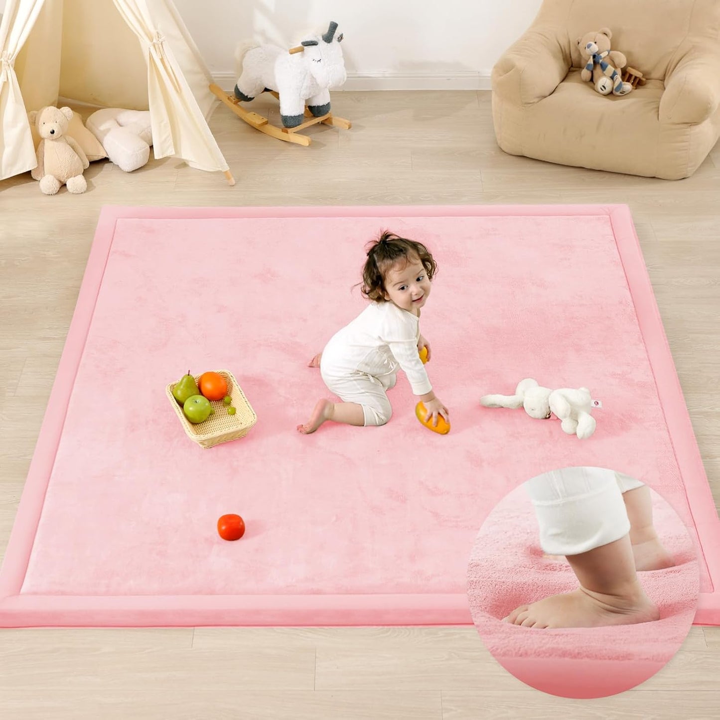 Ultra Soft Baby Play Mat,1.3" Thick Elasti-Foam Tummy Time Mat for Infants,Toddlers,Kids,Water-Repellent Coral Fleece Nursery Rug,Non-Slip Safe for Crawling&Hardwood Floors(Pink)