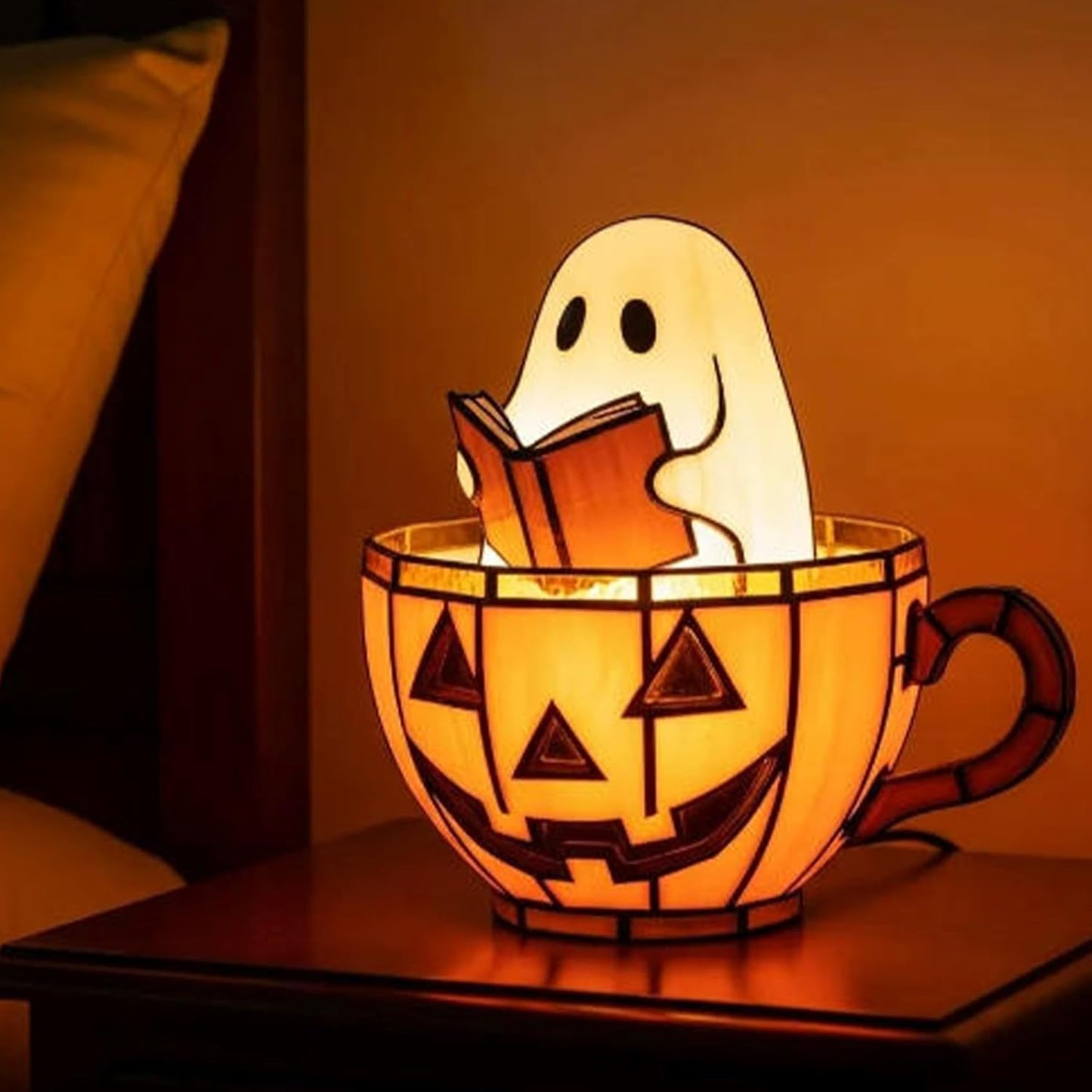 Cute Pumpkin Ghost Reading Book Lamp, Rechargeable Cute Spooky Night Light - Halloween Decor, Light Up Pumpkin Ghost Nightlight for Bathroom, Reading, Kids Room Gift