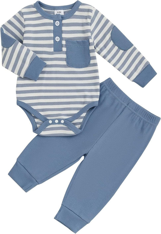 fhutpw Baby Boy Clothes 3 6 12 18 Months Ribbed Knitted Long Sleeve Romper and Pants Sets Newborn Fall Splicing Color Outfits