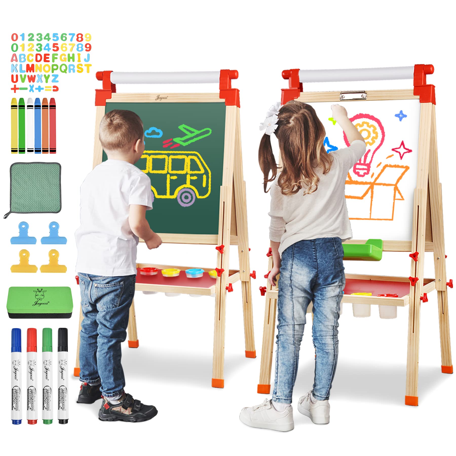 JOYOOSS Kids Wooden Easel with Paper Roll - Adjustable Magnetic Double Sided Drawing Board