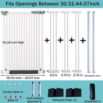 51 Inch Extra Tall Baby Gate Auto Close Cat Gate Adjustable 29.92"-43" Wide Pressure Mounted Pet Gate for Doorways,Stairs, House (White, 51.18 inch)