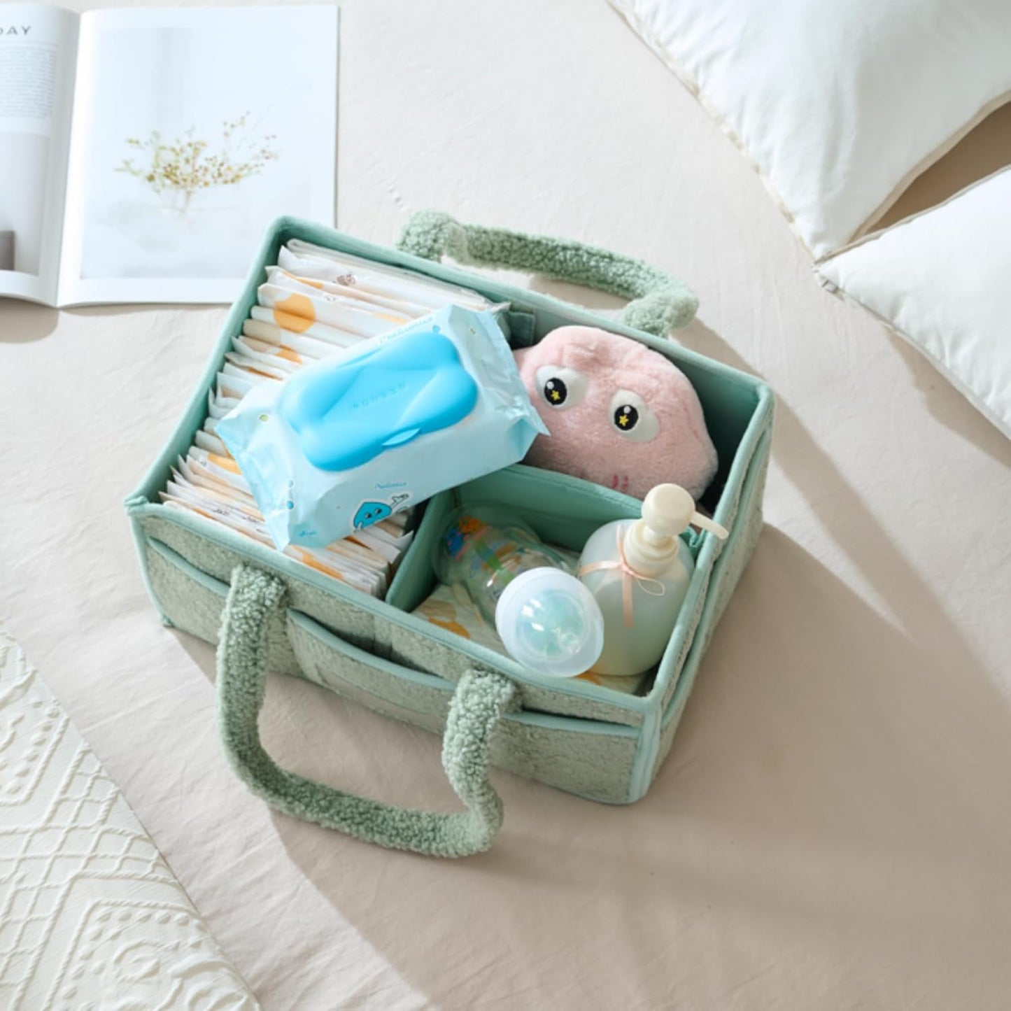 luxury little Diaper Caddy Organizer, Large Cotton Rope Nursery Baby Basket, Changing Table Organizer for Baby Diaper Storage, Portable Car Organizer with Removable Divider (Lily Green)