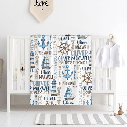 Personalized Baby Blanket for Boys, Custom Baby Blanket with Name, Nautical Blanket Sailboat Anchor Baby Blanket, Nautical Swaddle Blanket for Toddlers Kids Newborn