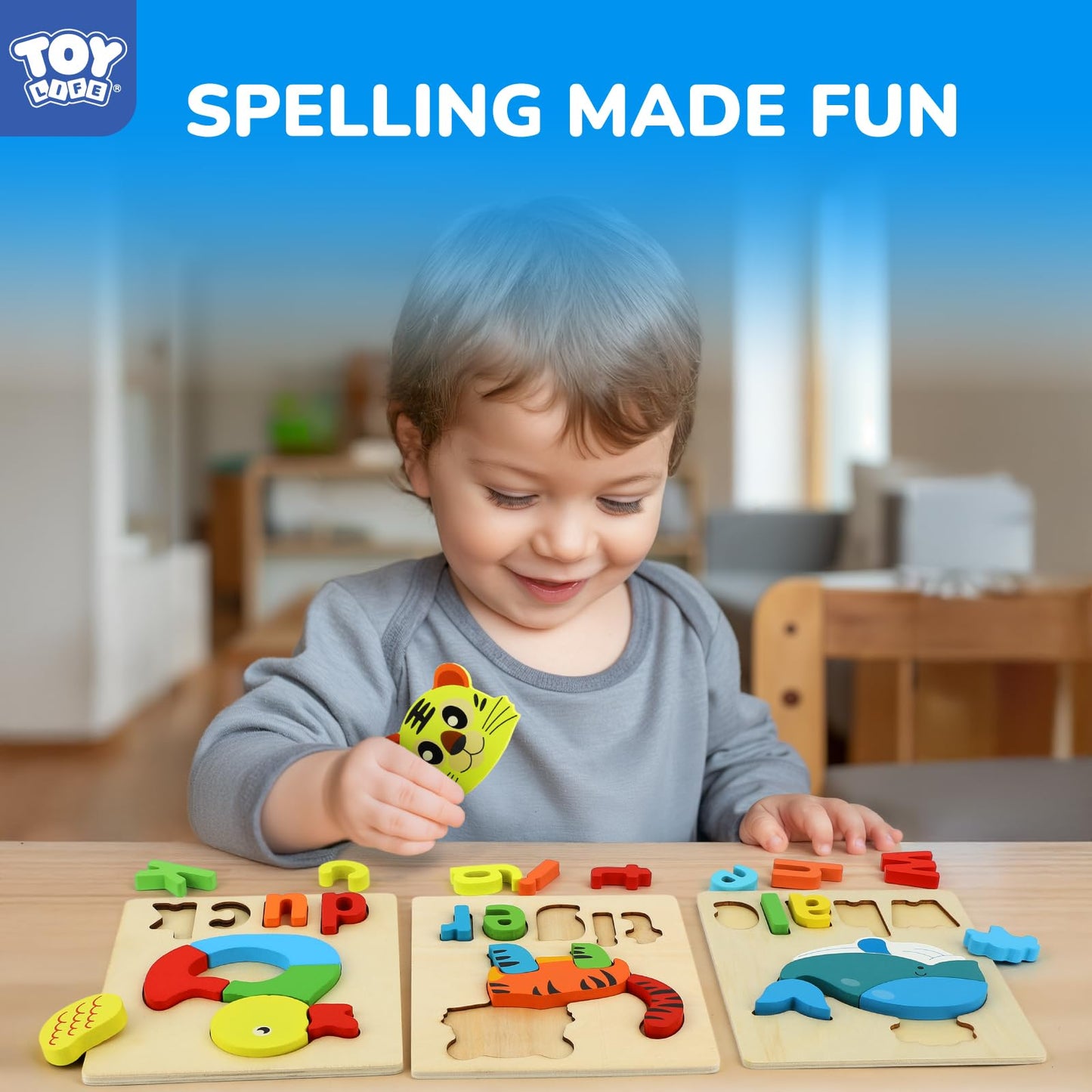 TOY Life Toddler Puzzles Ages 2-4, 6 Animals with Spelling Wooden Puzzles for Toddlers 3-5