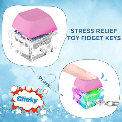 Keyboard Fidget Toys, Keyboard Fidget Keychain Keyboard Decompression Toys Keyboard Fidget Toy Button Stress Relief Gifts for Adult and Kids,Finger Clicker Toys,ADHD Toy,Cool Fidgets(LED Light-Pink)