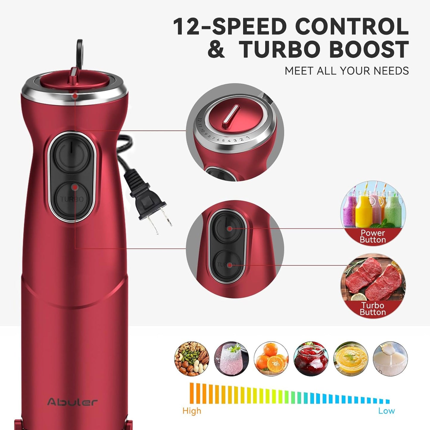 Immersion Blender 5 in 1 Hand Blender, Abuler 1000W Hand Mixer Stick,12 Speed Handheld Blender 304