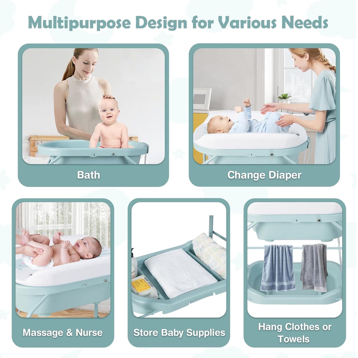 HONEY JOY Baby Changing Table with Bathtub, Foldable Infant Diaper Changing Station with Wheels