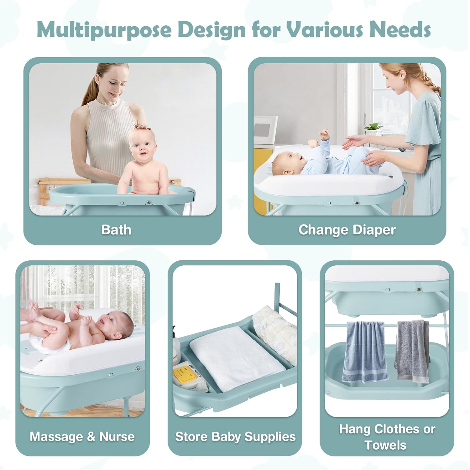 HONEY JOY Baby Changing Table with Bathtub, Foldable Infant Diaper Changing Station with Wheels