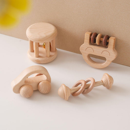 Chriswell Wooden Baby Rattle Set, Newborn Wooden Rattle Toy, Natural Wooden Montessori Baby Grip