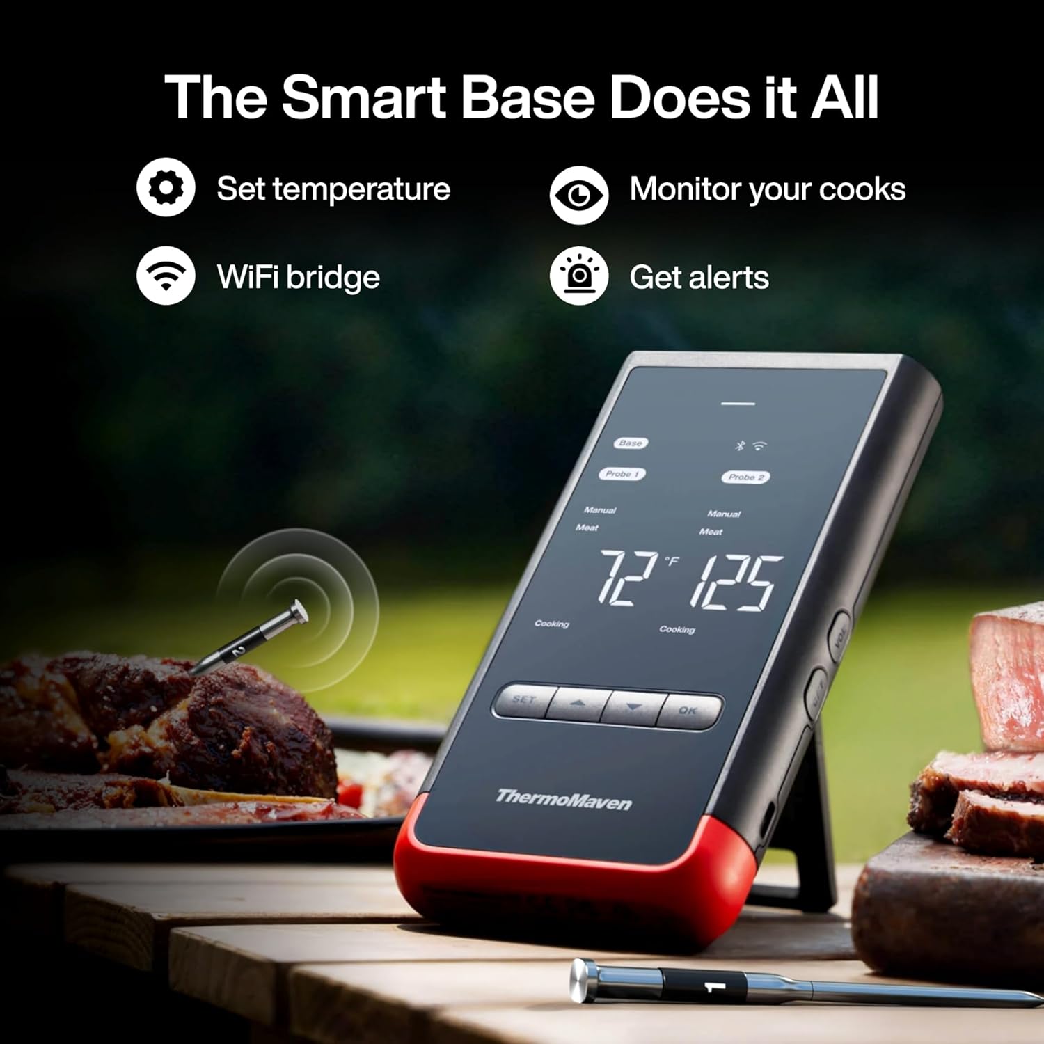 Smart Bluetooth Wireless Meat Thermometer: Standalone Base, WiFi Unlimited Range, 6 Sensors with