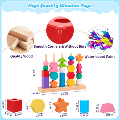 Montessori Wooden Beads Sequencing Toy Set, Stacking Blocks & Lacing Beads & Matching Shape