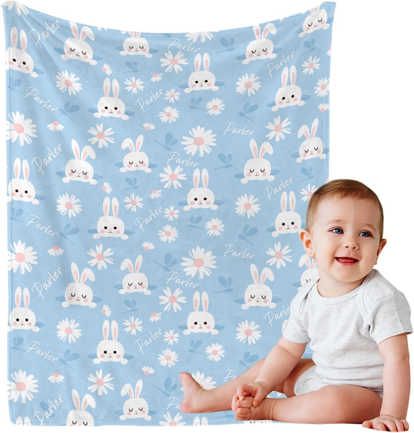 Personalized Baby Blanket with Name, Custom Floral Name Cute Rabbit Blanket Toddler Girls Soft Flannne Swaddling Blankets Customized Memorial Gift from Nane Grandma for Infant Newborn Shower