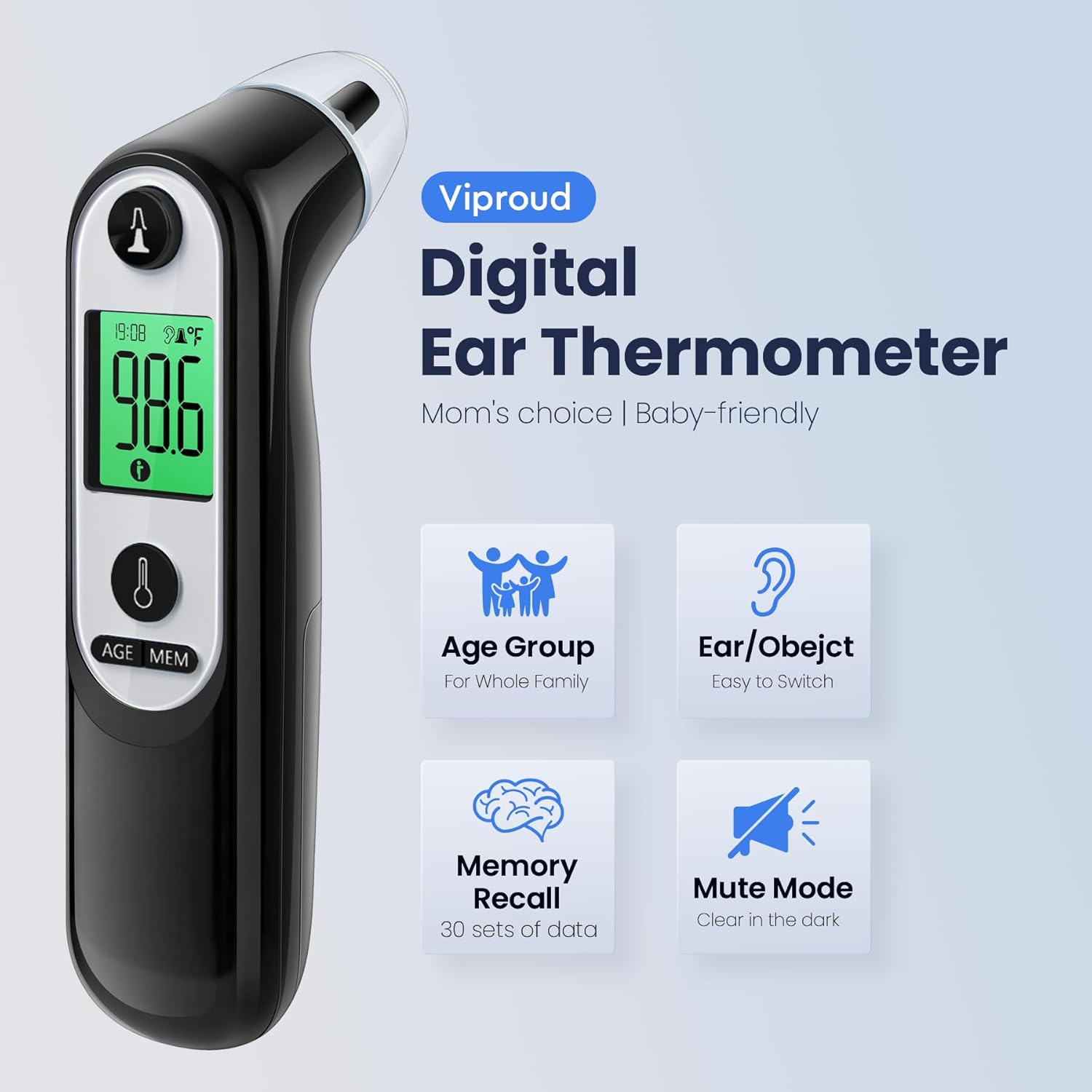 Ear Thermometer for Kids, Babies and Adults, 1 Second Accurate Digital Thermometer, Mute Function