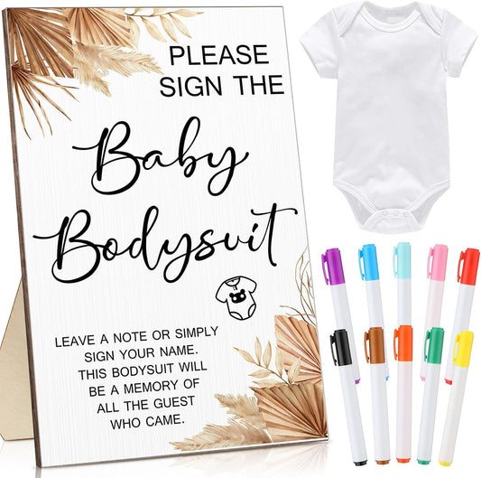 Qunclay 12 Pcs Baby Bodysuit Baby Shower Game Include 1 Game Wooden Sign Tabletop Decor 1 White Blank Newborn Bodysuit 10 Fabric Marker for Gender Reveal Party(Boho)