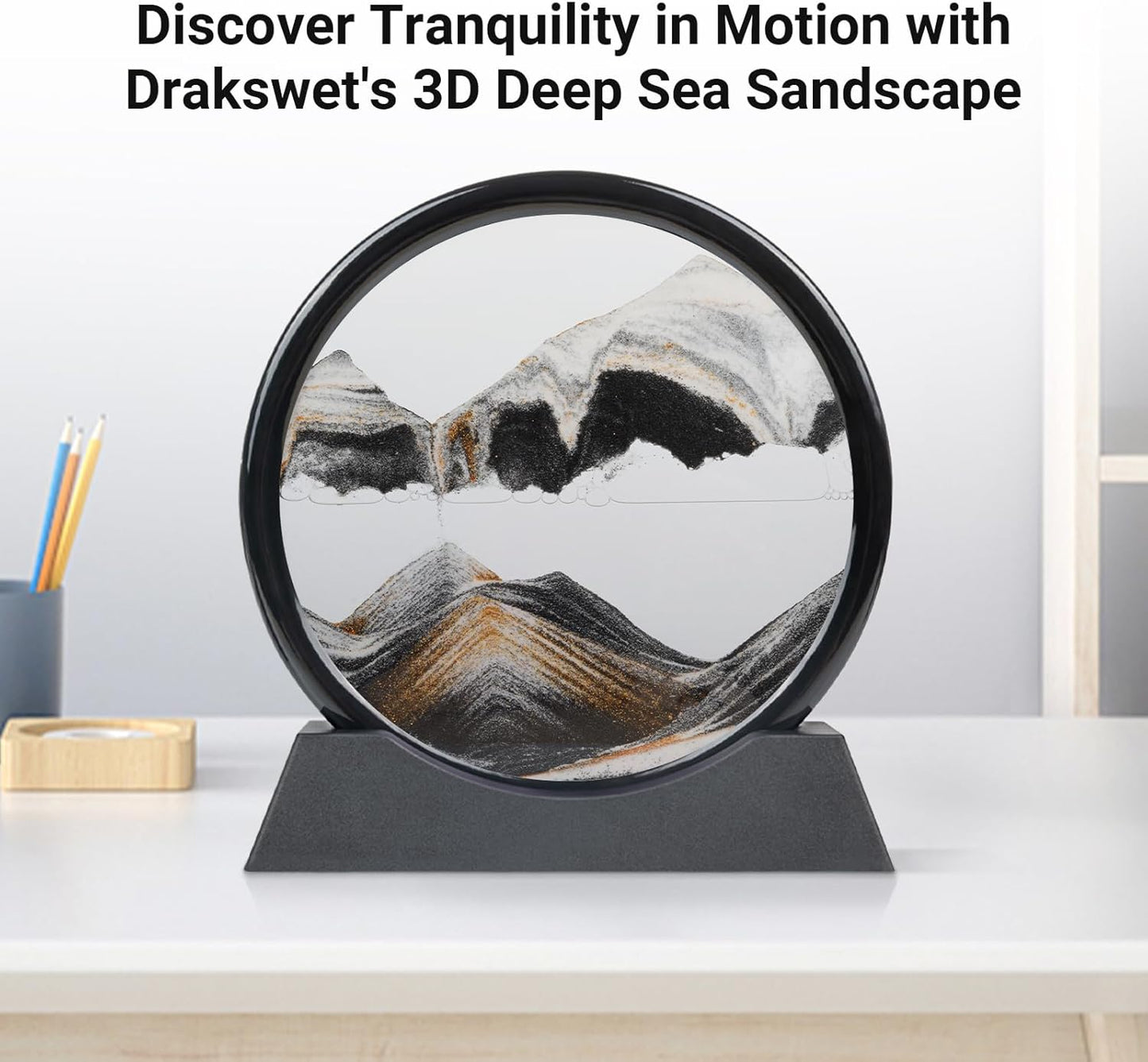 Drakswet Moving Sand Art Liquid Motion，Moving Sand Art Picture-3D Deep Sea Sandscape，Round Glass Frame Display Flowing Sand Relaxing Desktop Home Office Work Decor (Black)