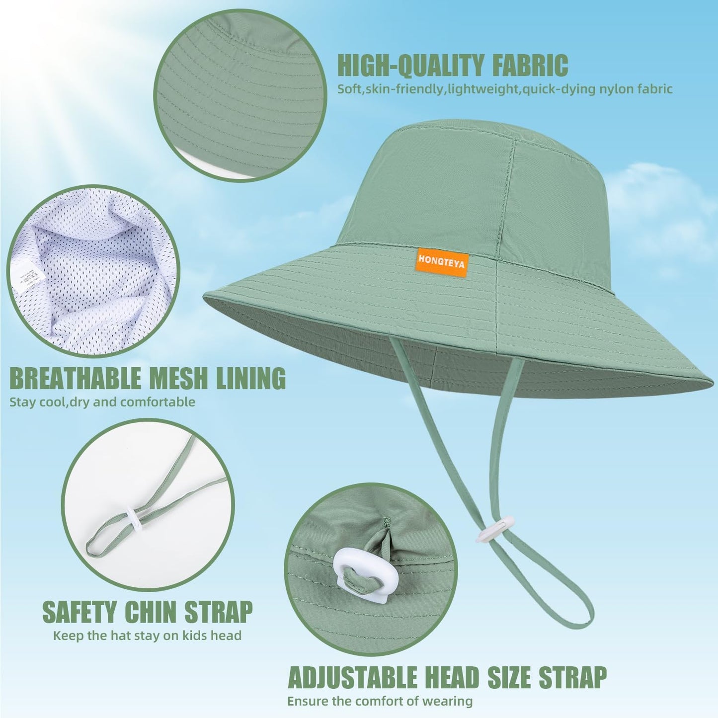 Baby Sun Hat Kids Summer UPF 50+ Toddler Bucket Hat Wide Brim Adjustable Beach Hats for Boys Girls Age 0-6 Years