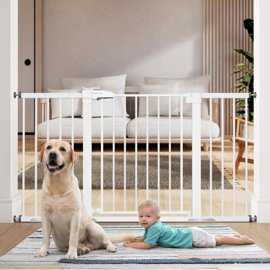 BABELIO 36" Tall Baby Gate, 29-55" Auto Close Pressure Mounted Dog Gate for Doorways & Hallway, Pressguard Basics Easy Walk Thru Pet Gate, Extra Wide Metal Child Gate, White