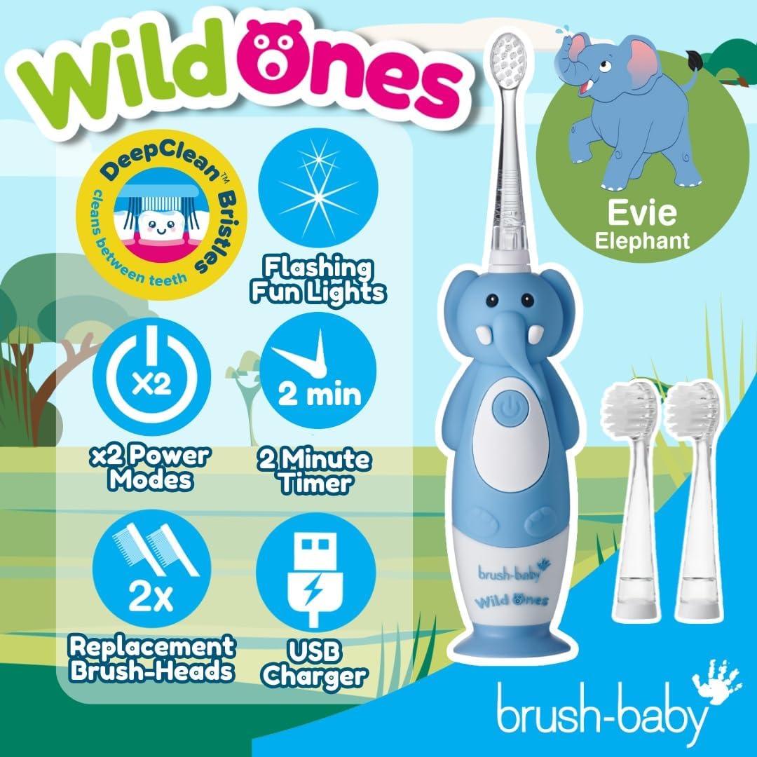 brush-baby WildOnes Kids Electric Rechargeable Toothbrush Elephant, 1 Handle, 3 Brush Heads, USB