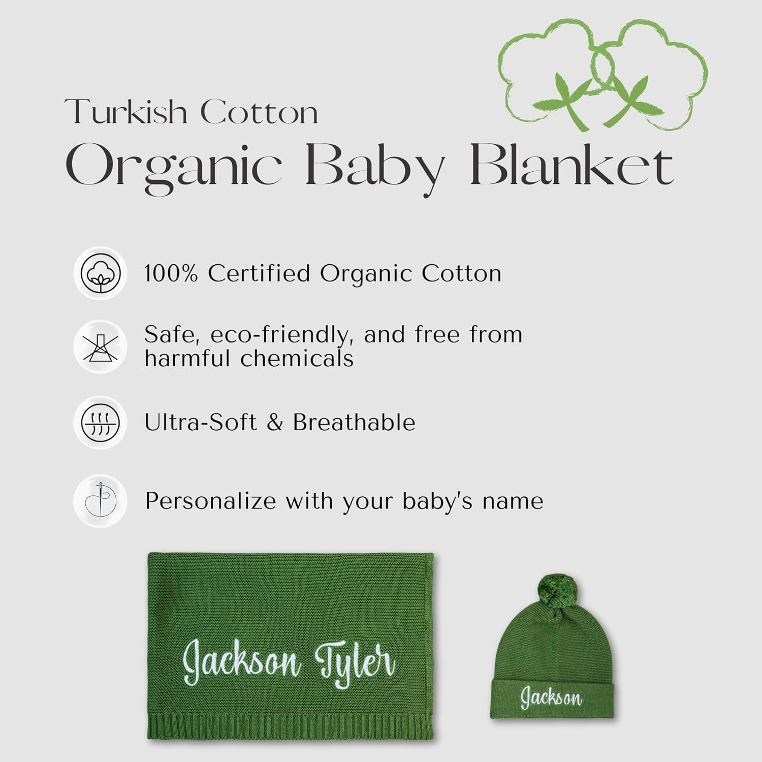Personalized Baby Blanket, 100% Organic Certified Cotton, Customized Swaddle Blanket with Name