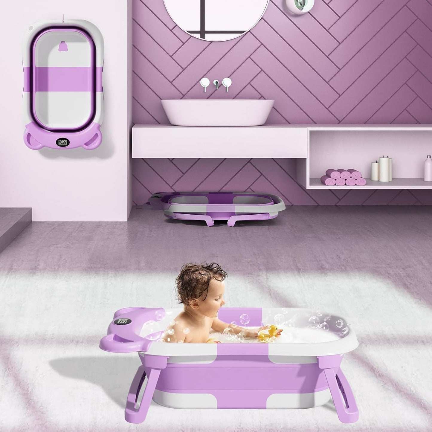 TPN Collapsible Baby Bathtub, Baby Bath Tub with Soft Cushion & Real-Time Thermometer, Baby Bathtub