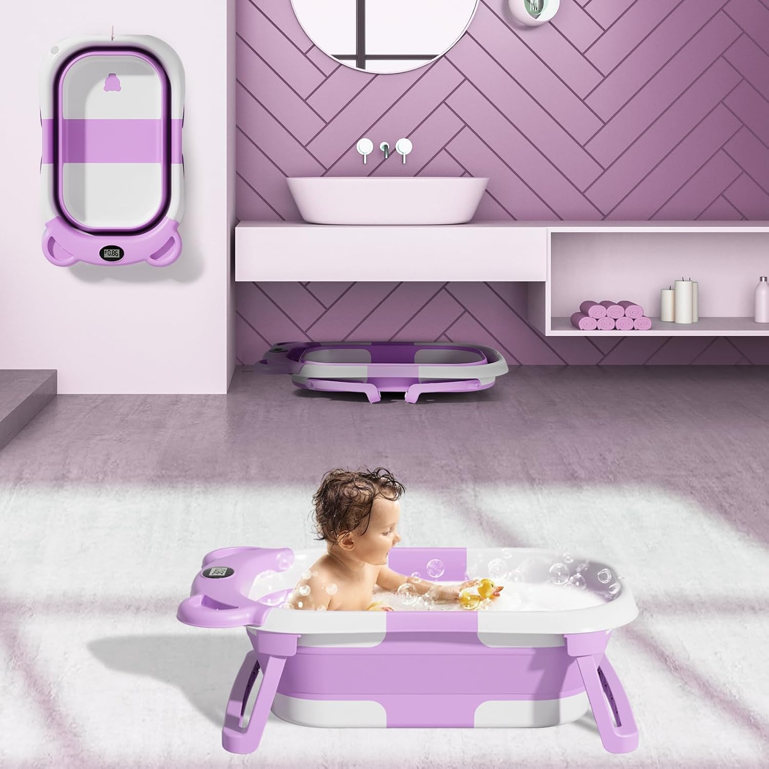 TPN Collapsible Baby Bathtub, Baby Bath Tub with Soft Cushion & Real-Time Thermometer, Baby Bathtub