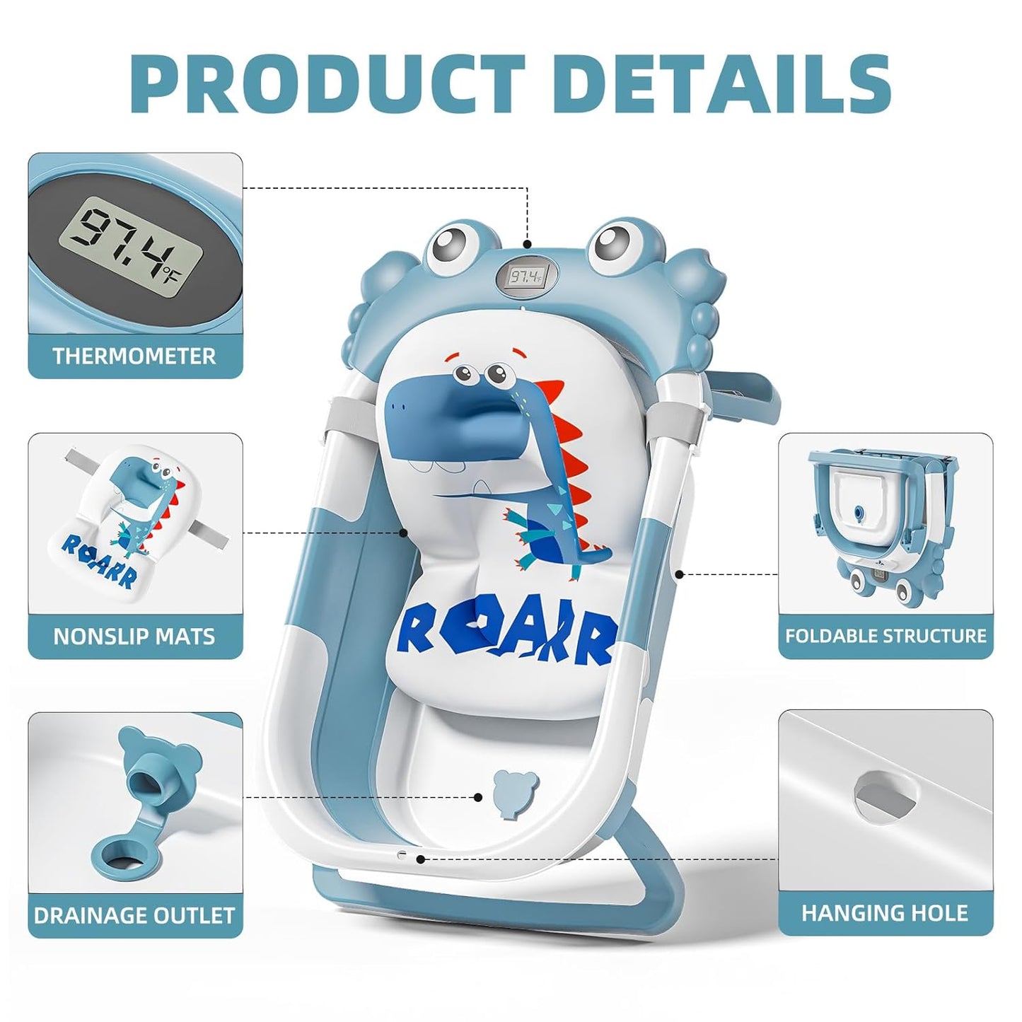 Collapsible Baby Bathtub for Newborns to Toddler with Real-time Temp Monitor & Floating