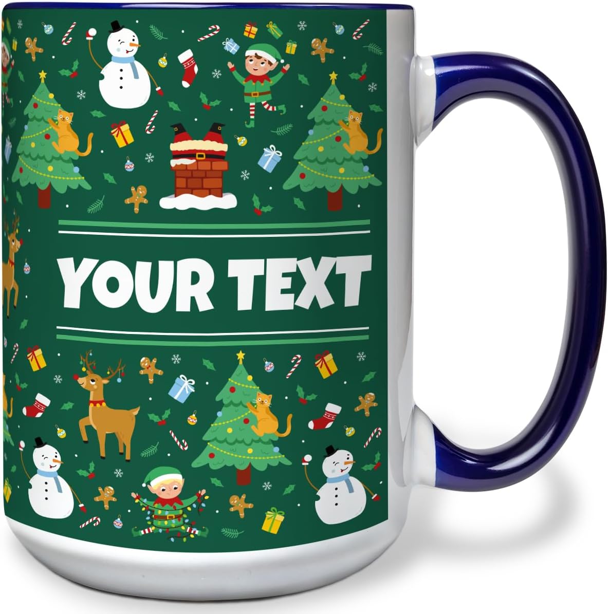 Personalized Mug for Kids - Christmas - Custom Name/Text, Ceramic Hot Chocolate/Cocoa/Coffee Cup for Boys/Girls, Holiday/Birthday Gift - 15 oz, Navy Blue Handle