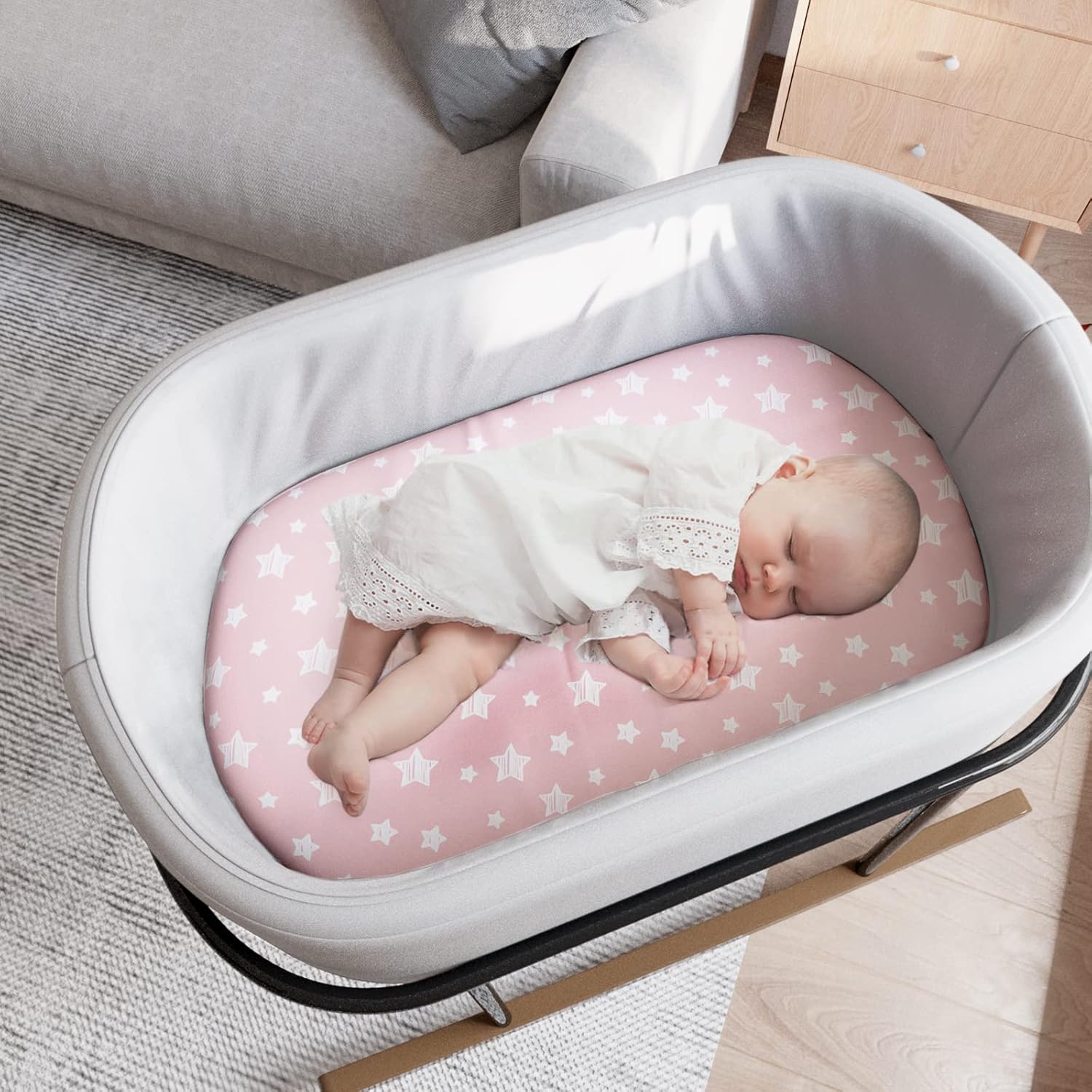 Bassinet Sheets Set 4 Pack for Baby Girl, Universal Fit for Oval, Hourglass and Rectangular