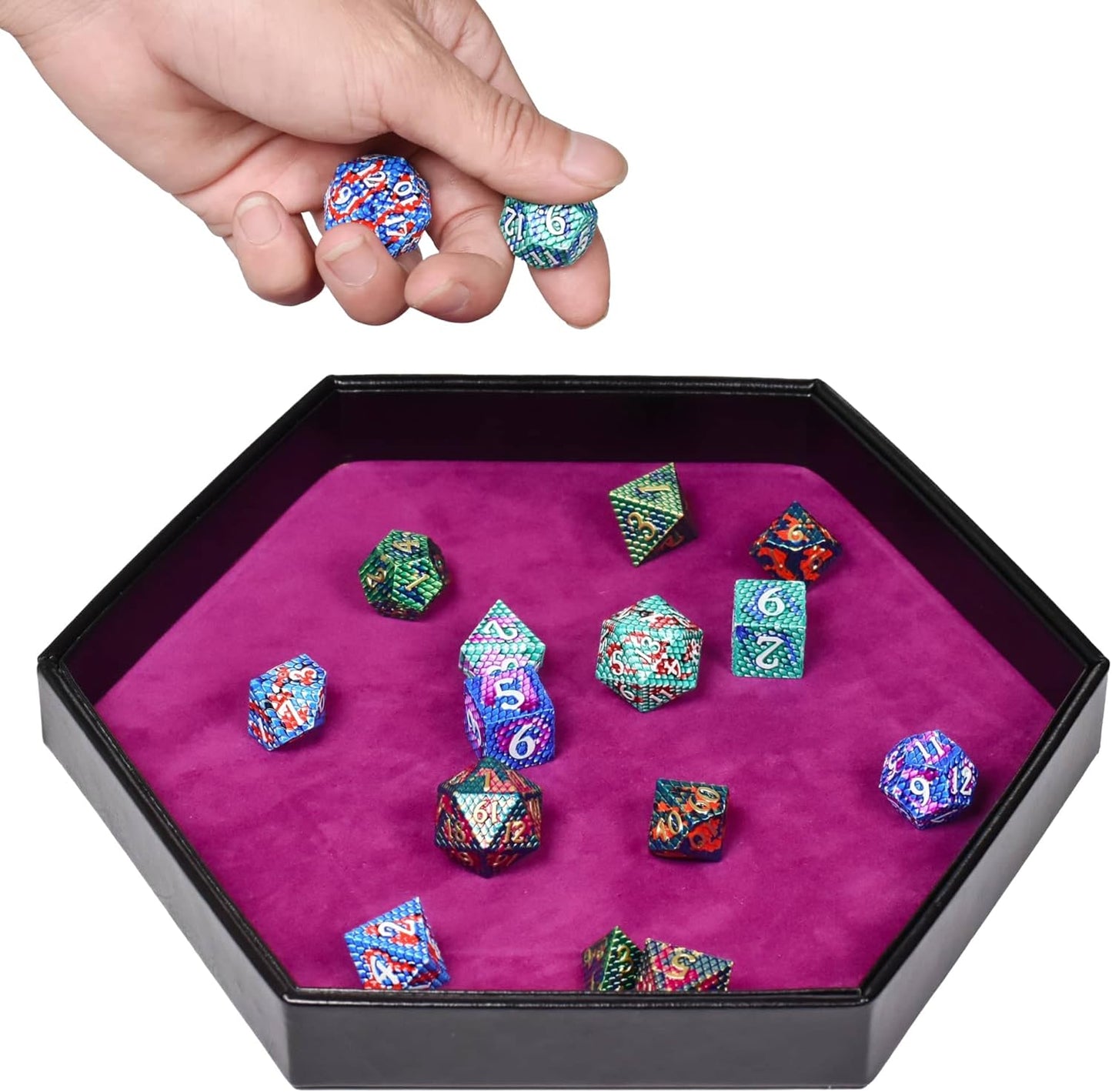 DND Dice Tray - 2 in 1 Rolling and Storage Hexagonal Tray, Faux Leather, Rose Red