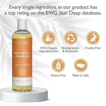 SoCal Suds & Company Baby Shampoo & Body Wash, 2-in-1 Organic Gel - Gentle Castile Soap with