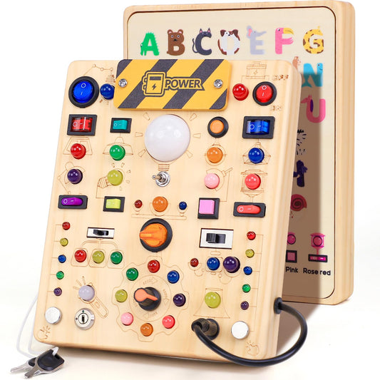 Busy Board with 19 LED Light Switches, Montessori Toys for 1 2 3 Years Old, Wooden Sensory Board