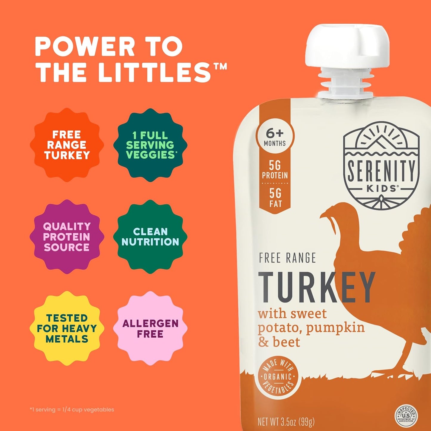 Serenity Kids 6+ Months Turkey Puree Baby Food Pouches - Ethically Sourced BPA-Free Pumpkin Puree &