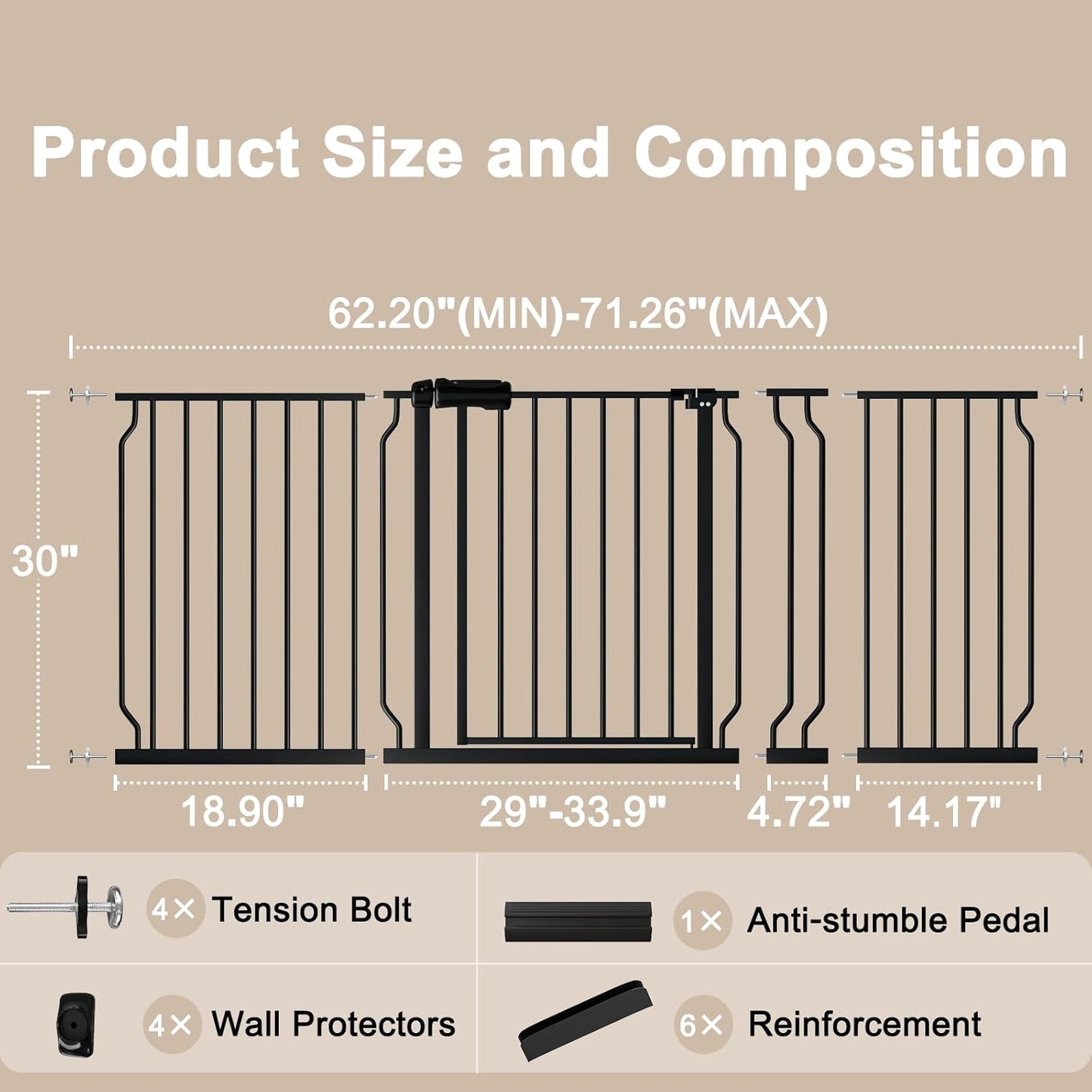 WAOWAO Baby Gate 62.20-71.26" Extra Wide Pressure Mounted Walk Through Swing Auto Close Safety Black Metal Toddler Kids Child Dog Pet Puppy for Stairs,Doorways,Kitchen