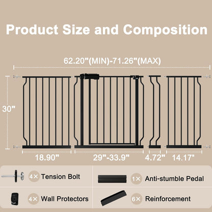 WAOWAO Baby Gate 62.20-71.26" Extra Wide Pressure Mounted Walk Through Swing Auto Close Safety Black Metal Toddler Kids Child Dog Pet Puppy for Stairs,Doorways,Kitchen