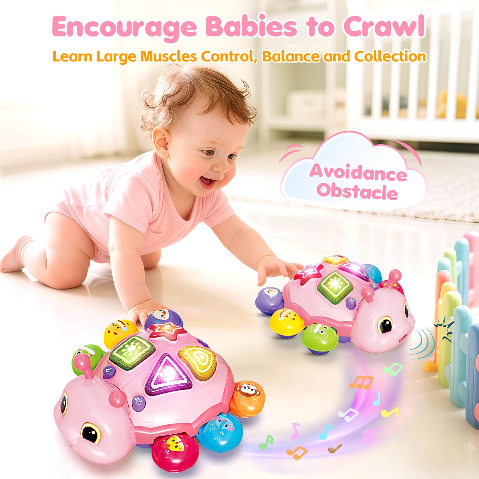 Baby Toys 6-12 Months, Musical Crawling Infant Toys with Lights Sound, Pink