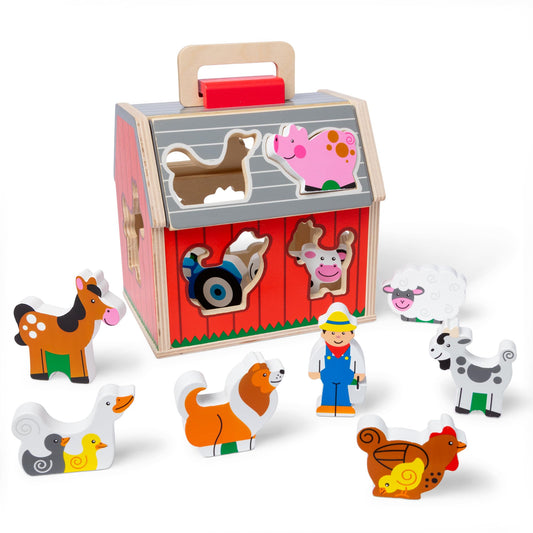Melissa & Doug Take-Along Wooden Toy Barn, 11-Pc Portable Toddler Playset with Farm Animals &