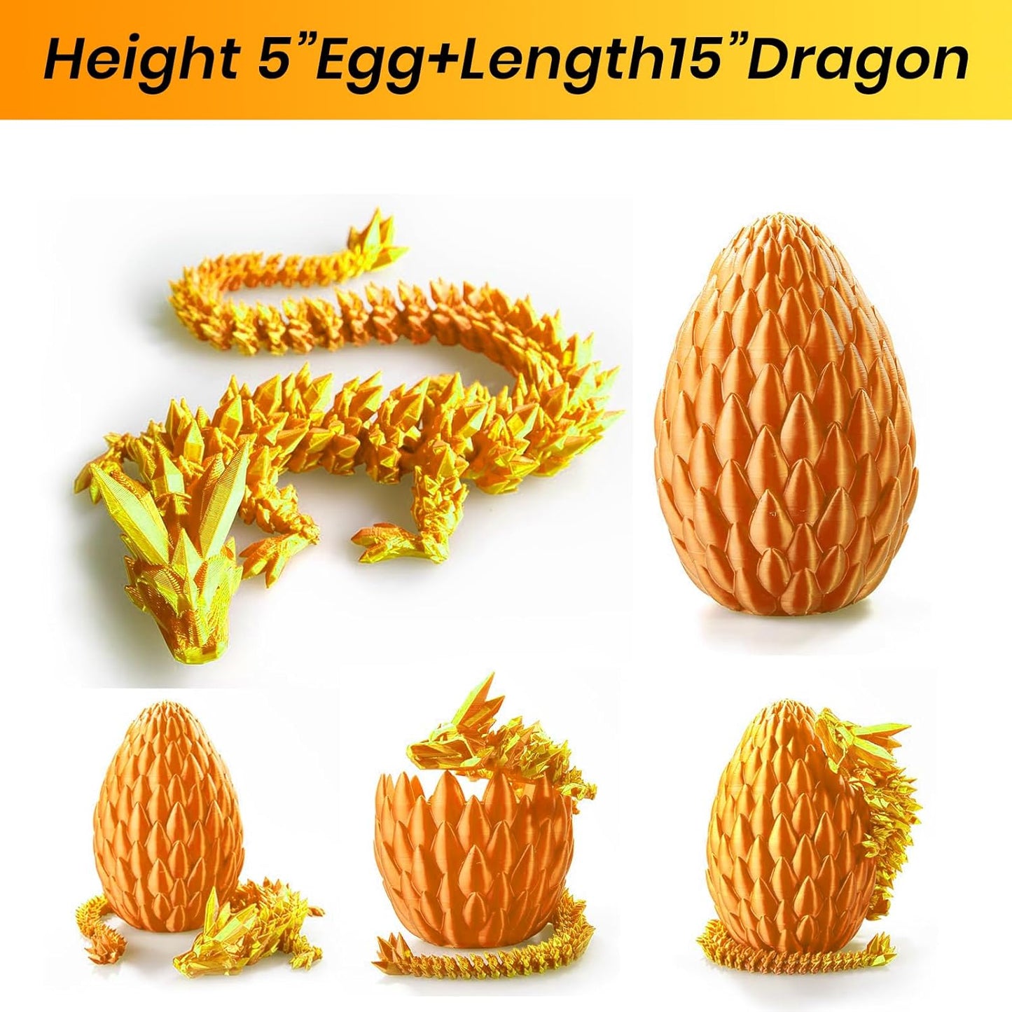 Dragon Egg,15 inchs Crystal Dragon,Articulated Dragon, Fidget Toys for Autism/ADHD,3D Printed Gift Toy, Executive Desk Toys,Home Office Decor (Gold)