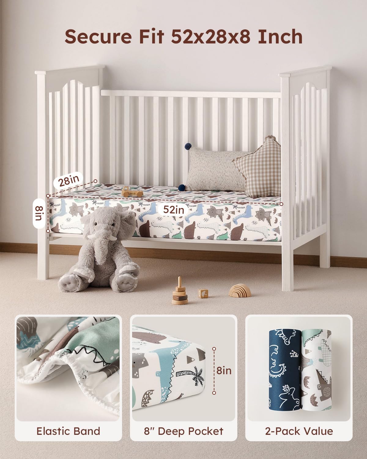 Yoofoss Baby Crib Sheets 2 Pack for Boys and Girls - 52x28 Fitted Crib Sheet Neutral Fits for
