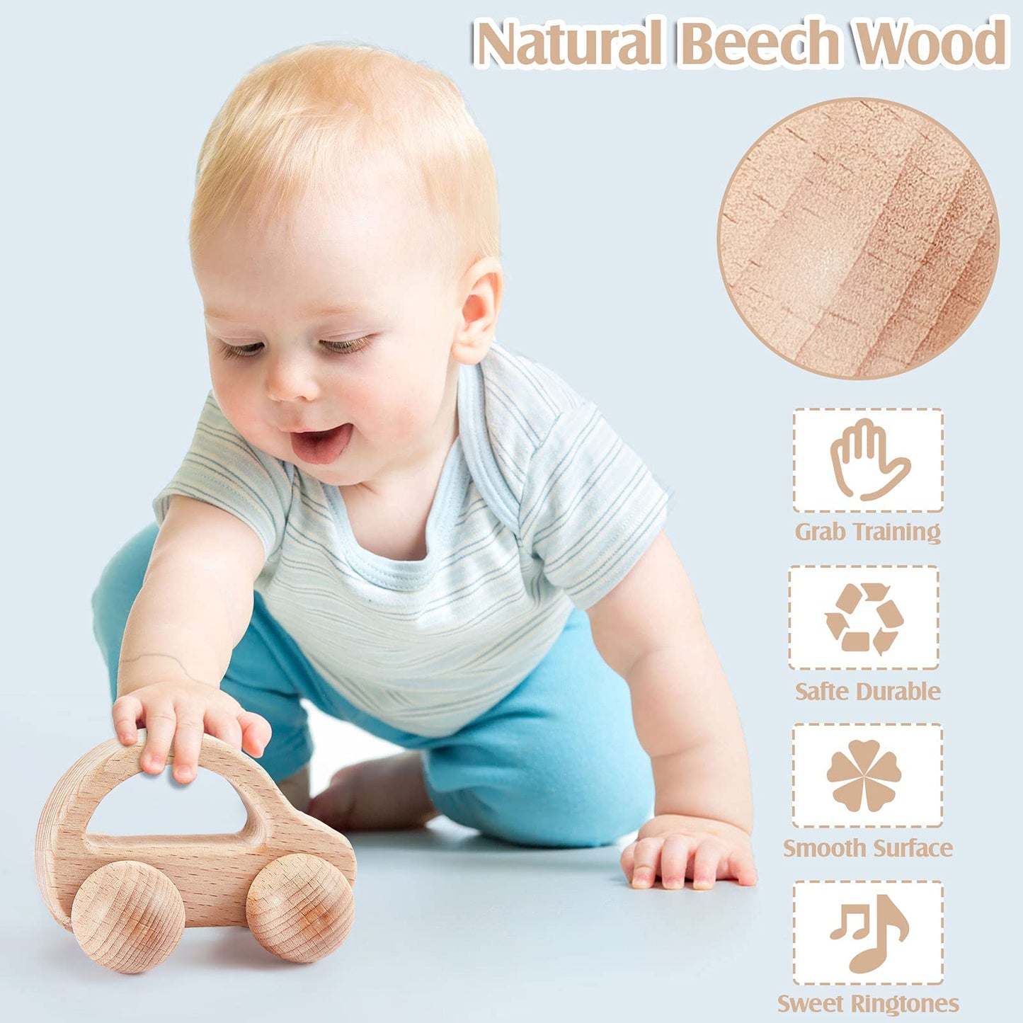 Zhanmai 5 Pcs Wooden Baby Toys Montessori Toys for 0-6-12 Months Sensory Baby Rattles with Bells