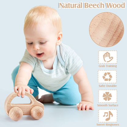 Zhanmai 5 Pcs Wooden Baby Toys Montessori Toys for 0-6-12 Months Sensory Baby Rattles with Bells