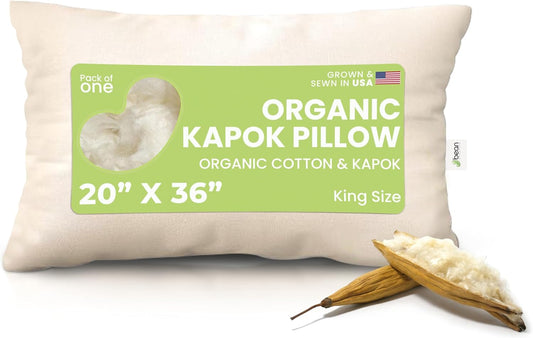 Bean Products Kapok 20" x 36" King Pillow - Breathable, Eco-Friendly and Durable Organic Cotton Fabric Bed Pillow - Soft and Supportive Pillow for Sleeping, Made in The USA