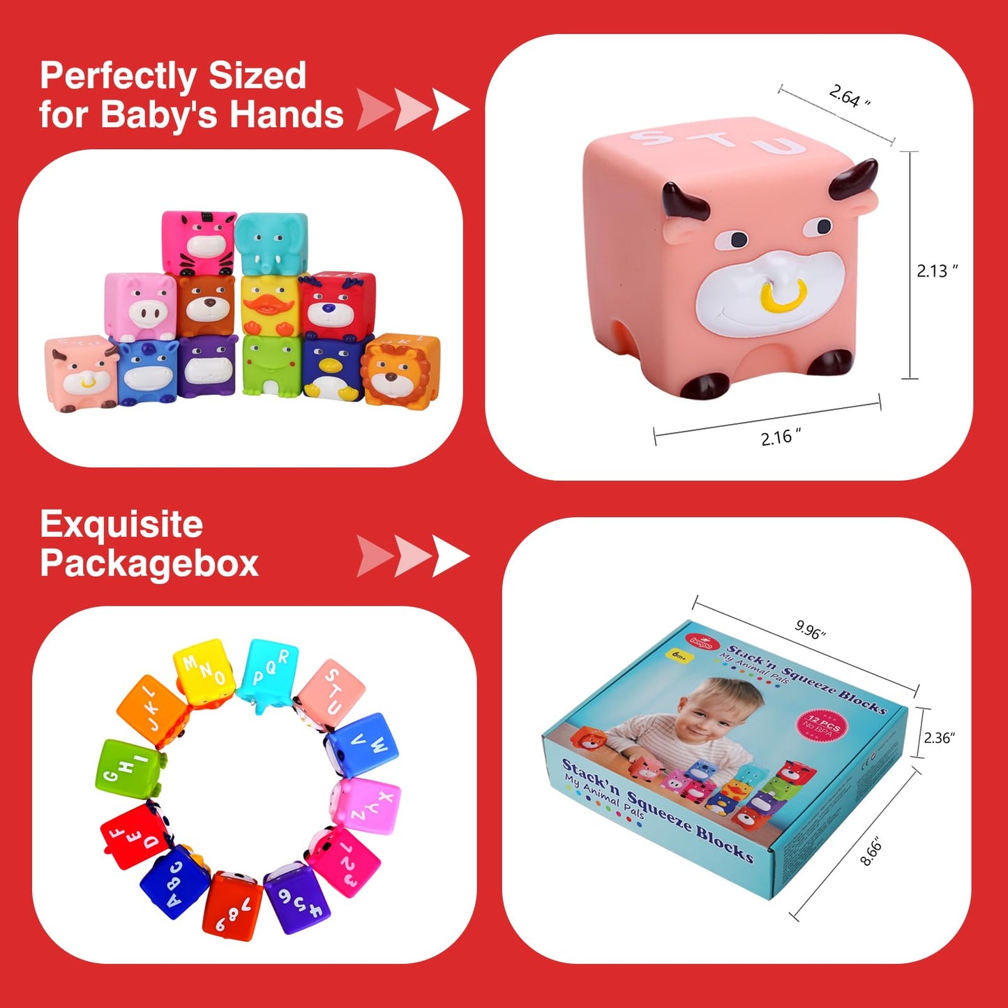 beeqoo Soft Baby Blocks – Stacking & Building Toys for Babies and Toddlers –12 Pcs No Hole Squeeze