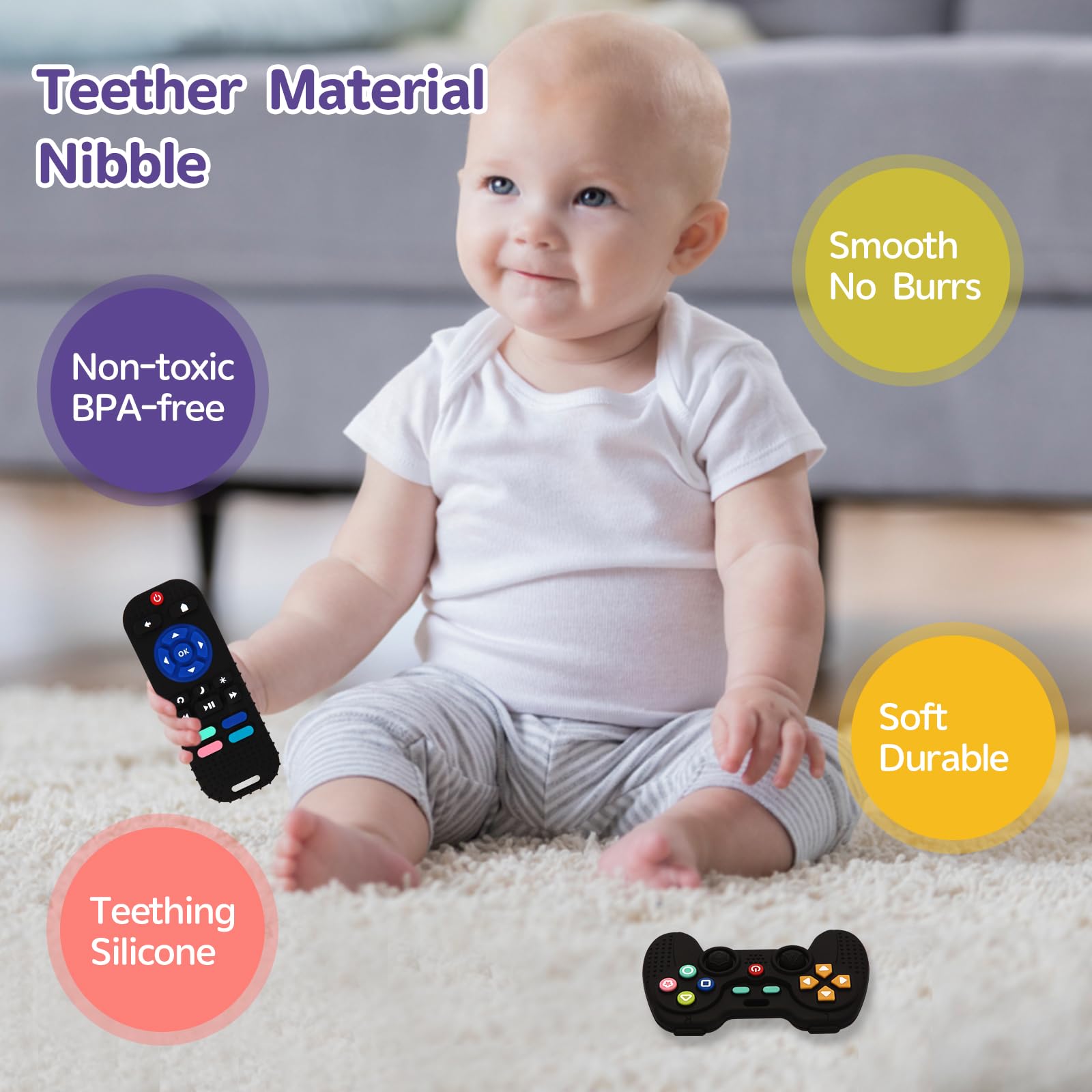 Hooku 2 Pack Silicone Teething Toys for Babies 0-6 Months, Teethers for Babies 6-12 Months, Remote