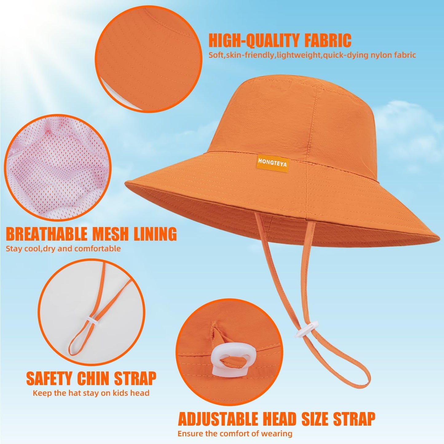 Baby Sun Hat Kids Summer UPF 50+ Toddler Bucket Hat Wide Brim Adjustable Beach Hats for Boys Girls Age 0-6 Years