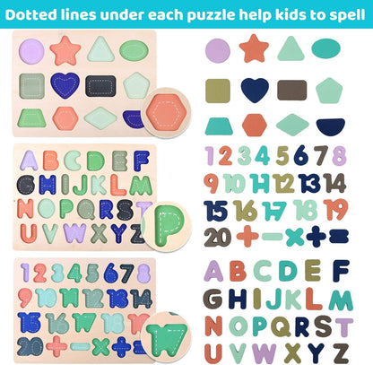 Wooden Puzzles for Toddlers, Voamuw Wooden Alphabet Number Shape Puzzle Toddler Education Learning Toys for Kids Ages 3 4 5 Years Old (Set of 3)