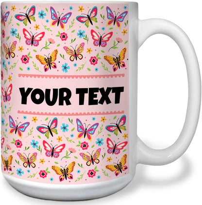 Personalized Mug for Kids - Butterflies - Custom Name/Text, Ceramic Hot Chocolate/Cocoa/Coffee Cup for Girls, Birthday/Christmas/Holiday Gift - 15 oz, White Handle